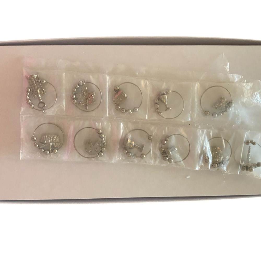 11 Stainless Steel Wine Glass Charms Cheese Basket Grapes Bottle Barrel Chalic